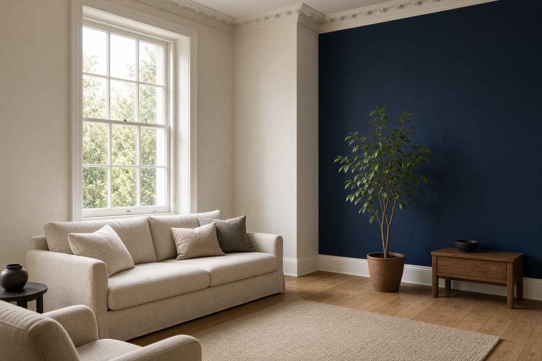 Freshly decorated Edinburgh living room with a navy feature wall and cream paintwork